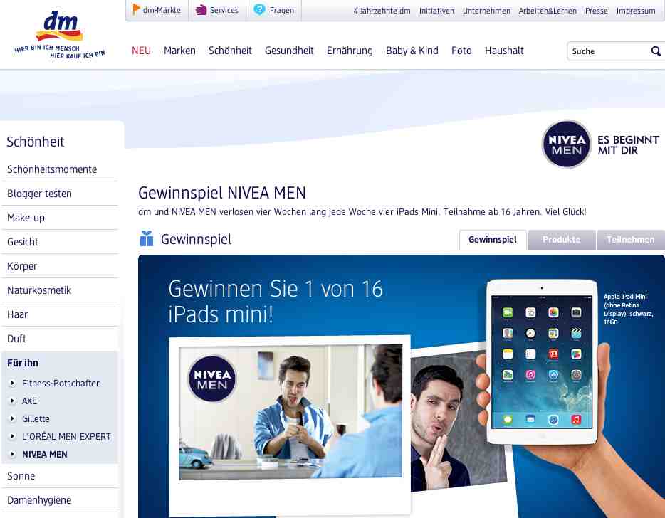 dm nivea men ipad mini gewinnspiel