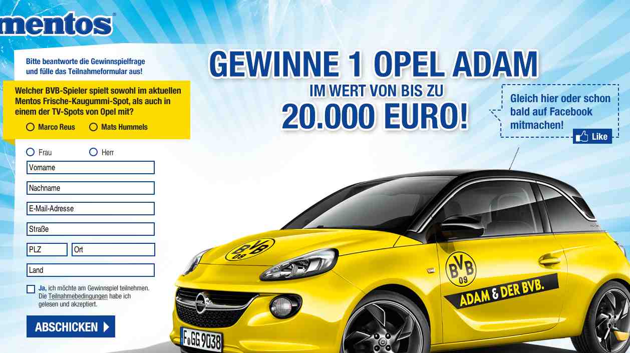 Opel Adam Auto Gewinnspiel Mentos ichwilltesten.de