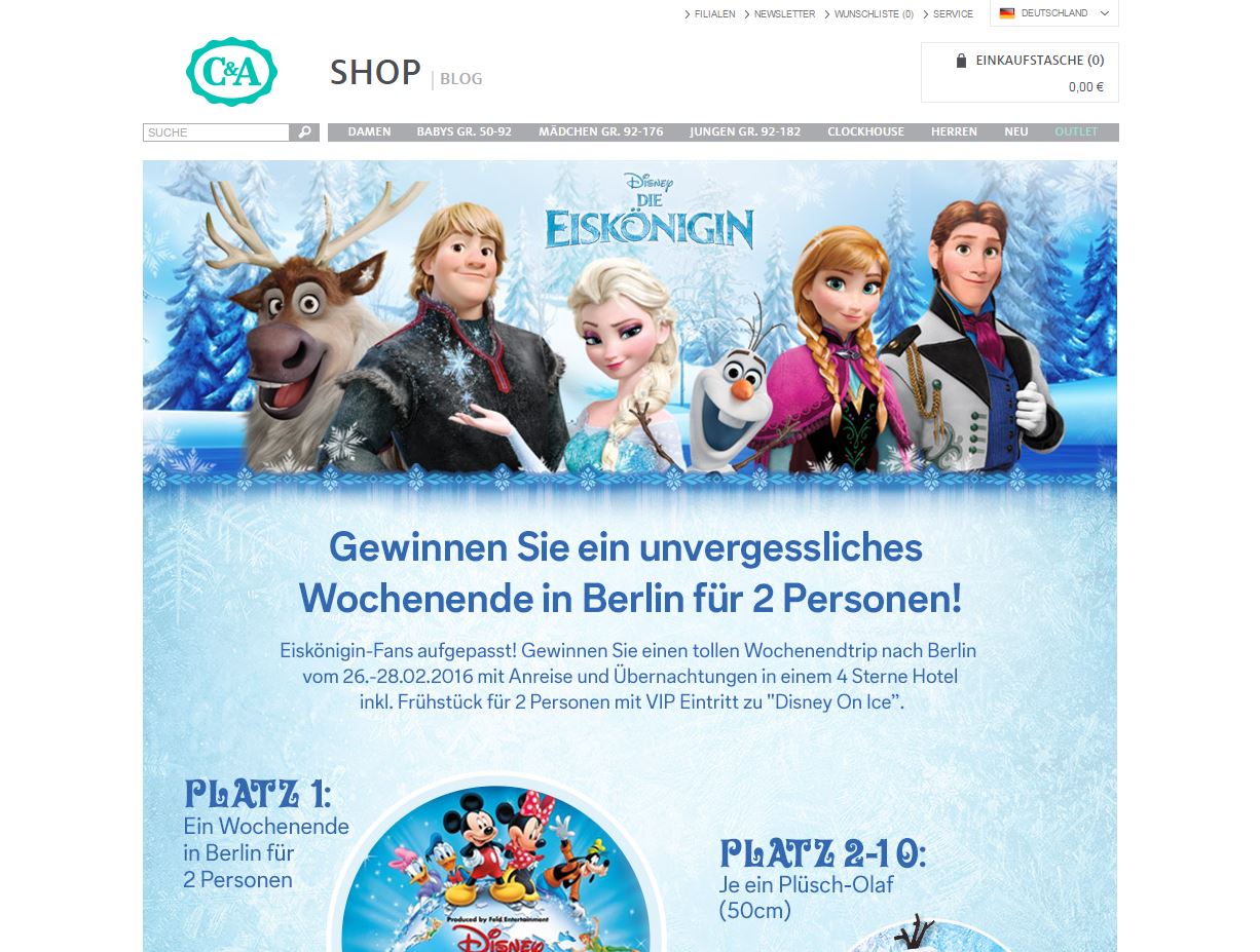 C&A Disney Die Eiskönigin Reise Gewinnspiel ichwilltesten.de
